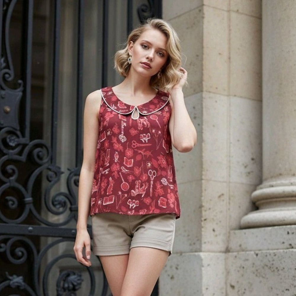 ModCloth Burgundy Novelty Print Peter Pan‎ Collar Sleeveless Blouse Medium